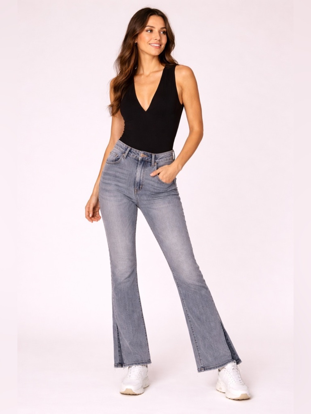 Good American Gray Wash Flare Jeans High Rise Side Slit Hem Sz 6/28 Khloe K